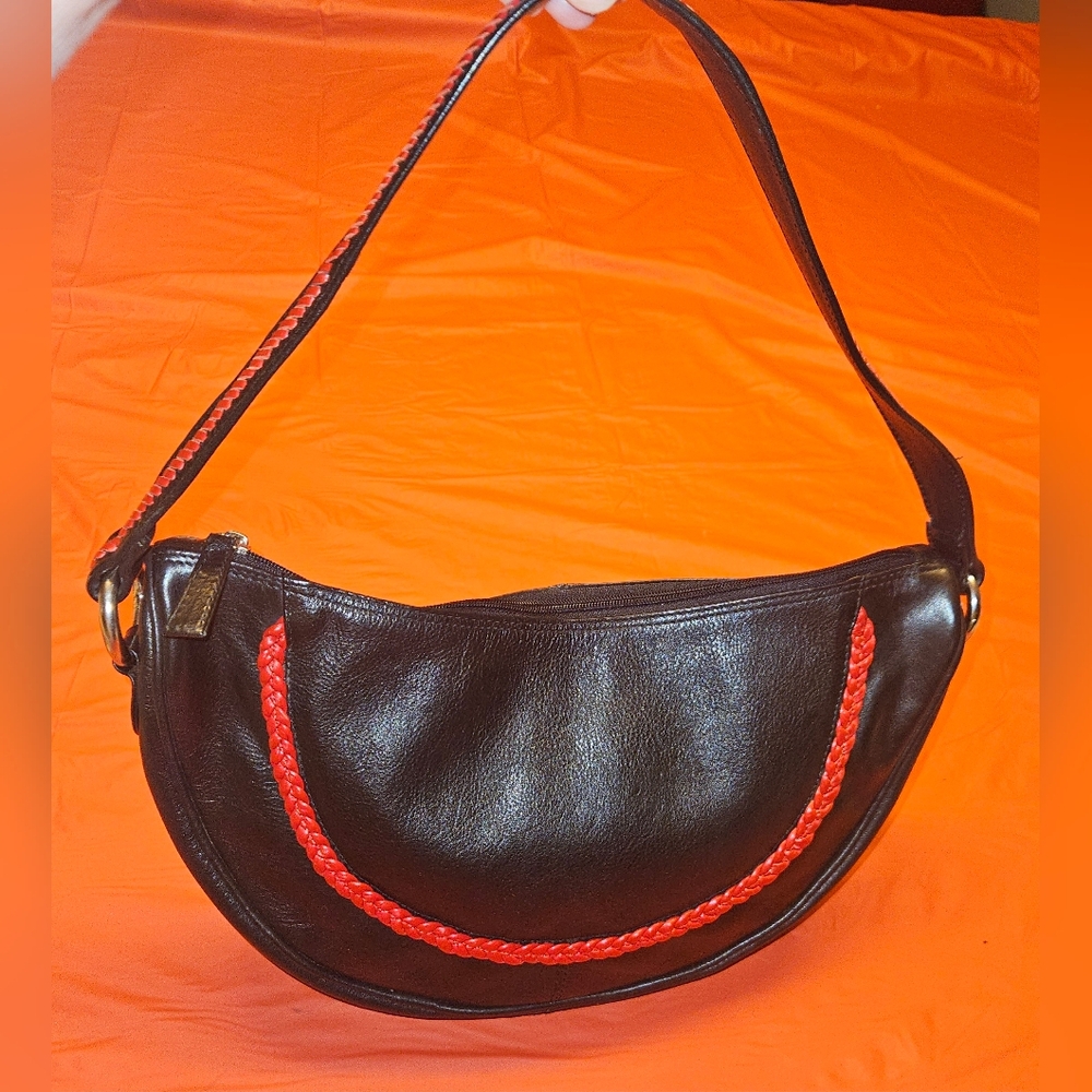 Half Moon Bag Black & Red w/Braided Handle & Trim  by Barganza B Bag New w/Tags